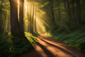 Poster - A dappled invitation unfolds. A winding path beckons you deeper into a sunlit forest. Sunlight filters through the lush canopy, casting a mosaic of light and shadow on the soft forest floor. 