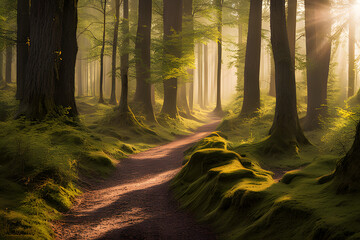 Poster - A dappled invitation unfolds. A winding path beckons you deeper into a sunlit forest. Sunlight filters through the lush canopy, casting a mosaic of light and shadow on the soft forest floor. 