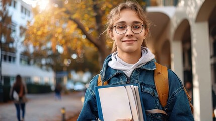 A teenage girl with glasses and a casual outfit stands outside a school, holding books and smiling, suggesting a positive attitude towards education and academic success.