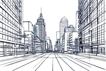 Wall Mural - City sketch. City landscape line art. Urban modern landscape. Hand drawn line sketch. Vector illustration. 