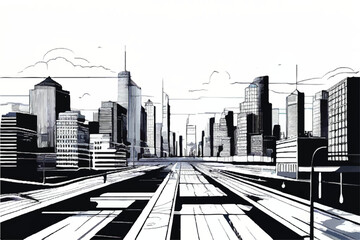 Wall Mural - City sketch. City landscape line art. Urban modern landscape. Hand drawn line sketch. Vector illustration. 