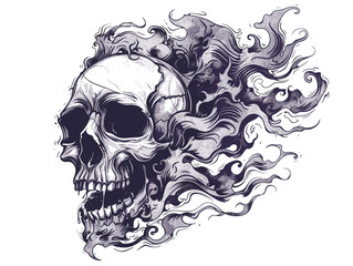 Wall Mural - A skull with flames coming out of it. The skull is drawn in black and white