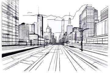 Wall Mural - City sketch. City landscape line art. Urban modern landscape. Hand drawn line sketch. Vector illustration. 