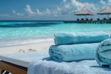 Wall Mural - Close up of two pastel blue towels folded on sunbeds with beach chairs, in front of the turquoise sea and white sand on Maldives island Generative AI