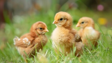 adorable chicks in green grass. three fluffy baby chickens explore a vibrant green meadow, perfect f