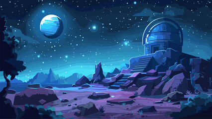 Wall Mural - observatory night landscape cartoon game background stars telescope sky astronomy moon galaxy celest