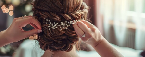 Wall Mural - Hairdresser styling an elegant bridal hairdo adorned with sparkling accessories.