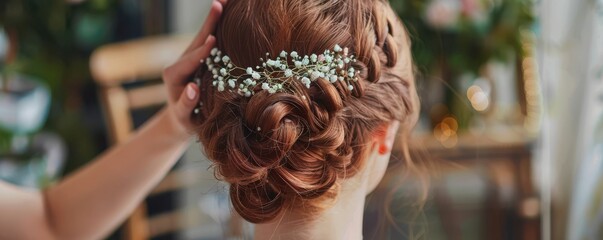 Wall Mural - Hairdresser styling an elegant bridal hairdo adorned with sparkling accessories.