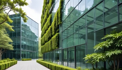 Architecture image with a modern glass building with a lot of green plants trees and bushes for business architecture environmental friendly environment 