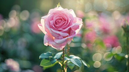 Sticker - Pink rose in garden with blurred background Blooming summer rose in garden focus