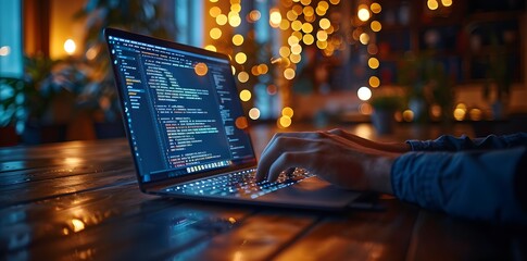 Coding Language User Interface on Screens. Programmer working on their professional development types on a laptop computer keyboard. Development of software and coding