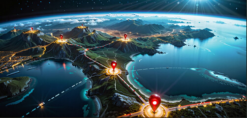 Wall Mural - connected waymarks or highlighted points, show the way to the desired destination on a route on a ma