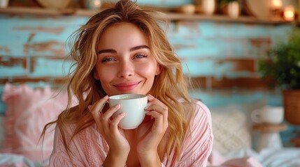 Wall Mural - A blonde woman in a pink top holds a coffee cup close to her face, smiling gently. Soft decor elements and a light blue background are visible behind her.