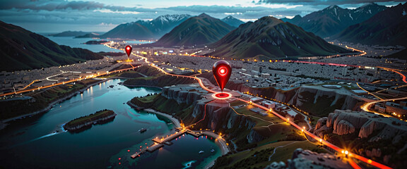 Wall Mural - connected waymarks or highlighted points, show the way to the desired destination on a route on a ma