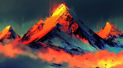 Wall Mural -  An abstract illustration of a mystical mountain, close-up shot, glitchy textures and colors, the background is a gradient of dark blue to light teal,