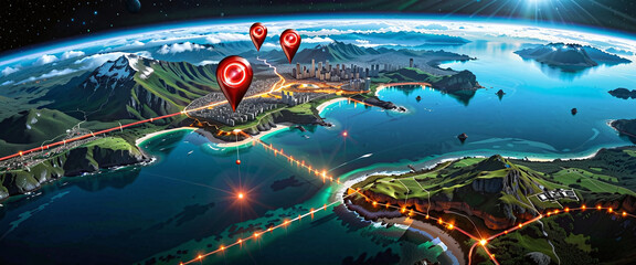 Wall Mural - connected waymarks or highlighted points, show the way to the desired destination on a route on a ma
