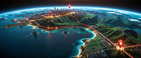 Wall Mural - connected waymarks or highlighted points, show the way to the desired destination on a route on a ma