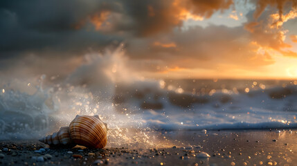 Wall Mural - A shell is sitting on the sand, with the ocean waves in the background