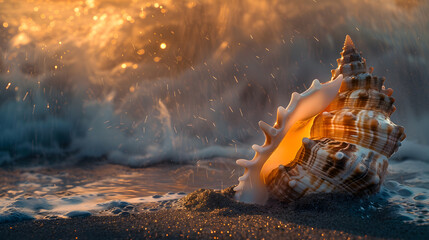 Wall Mural - A shell is sitting on the sand, with the ocean waves in the background