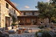 © ZoomTeam - exterior design of an old stone house in mallorca, traditional mediterranean style with modern furniture and lighting, garden terrace