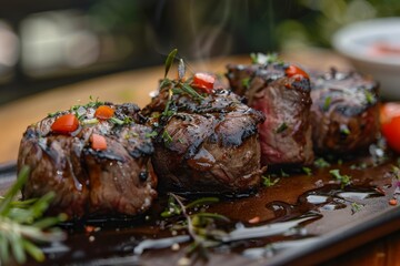 Sticker - A close up of tasty grilled beef medallions on a table