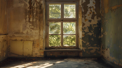 Wall Mural - A window with a view of trees and a wall