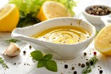 Basic vinaigrette salad dressing with oil lemon juice salt pepper in white gravy boat Closeup shot ingredients in background Horizontal