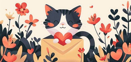 Naklejka na meble international cat day banner design with cute cartoon cats, flowers and envelope on light blue background. cute cat holding envelope, flowers and hearts for International Cat Day background.