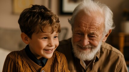 An elderly man with a white beard smiles warmly at a young boy in a brown sweater