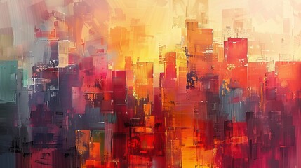 An abstract geometric pattern texture painting depicting a cityscape or urban environment.