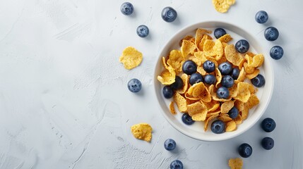 Canvas Print - Bowl of Cornflakes with Fresh Blueberries. Healthy breakfast concept with simple clean presentation. Overhead view of cereal and fruit on minimalist light background. Stock photo. AI