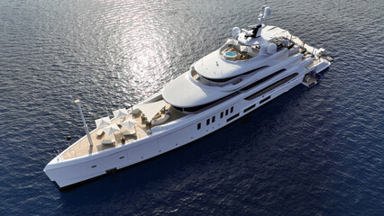 Aerial drone top down photo of luxury super yacht with wooden deck anchored in paradise exotic deep blue sea island bay