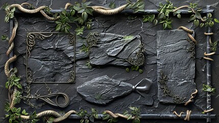 Wall Mural - Stone game menu elements, including buttons, plaques, frames, and arrows with a rocky texture, featuring vines, ropes, and leaves 