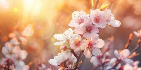 Almond Tree Branch. Blooming Spring Flowers with Sunlight in Beautiful Natural Background