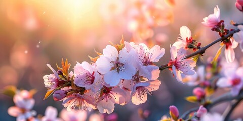 almond tree branch. spring blossoms on a sunlit background