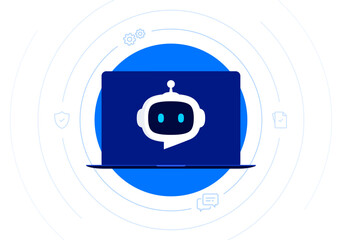 Wall Mural - Robot head with speech bubble in laptop screen. Chatbot concept. Online communication with Chat Bot at laptop. Artificial customer support assistant. Vector illustration