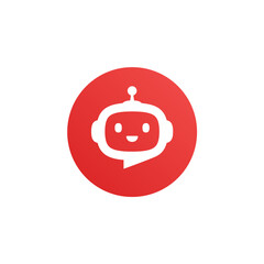 Wall Mural - Robot head with speech bubble in red circle on white background. Chat Bot logo design concept. Cute robot icon with speech bubble. Support service bot. Vector illustration