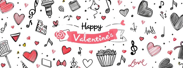 Valentine's Day themed doodle art pattern with various elements hearts, roses and musical notes, illustration art design