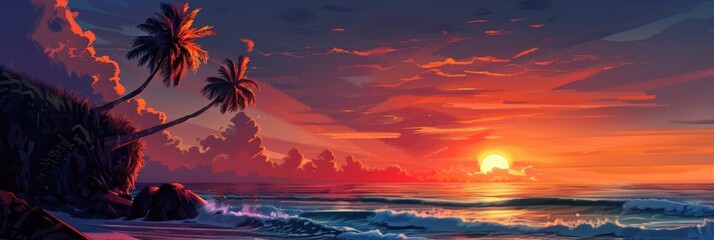 Palm Tree Cliff Silhouette. Beautiful Tropical Sunrise on the Beach