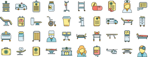 Hospitalization icons set outline vector. Medical health. Nurse bed thin line color flat on white