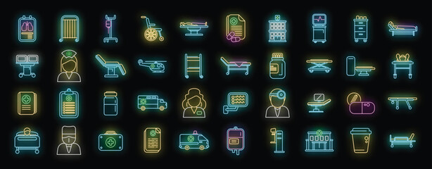 Poster - Hospitalization icons set outline vector. Medical health. Nurse bed neon color on black