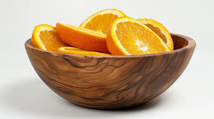 Sticker - Fresh orange slices in a wooden bowl stand out against a white background.