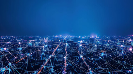 Wall Mural - High-tech cityscape with holographic fiber internet line connections illustrating cutting-edge digital infrastructure. City skyline with futuristic holographic fiber internet connection.