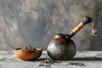 Wall Mural - Calabash bombilla and mate tea leaves on table