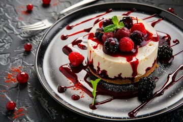 Canvas Print - Cheesecake with Berry Sauce and Mint