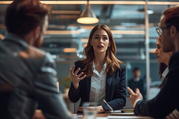 Young businesswoman leading a discussion during a meeting with her colleagues. Group of diverse businesspeople working together in a modern workplace. Business colleagues collaborating on a project.