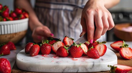 Hands skillfully slice fresh strawberries on a round white marble cutting board, showcasing precise and delicate kitchen work, potentially for a delicious recipe.