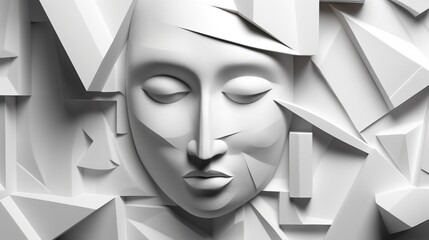 Wall Mural - Geometric composition of human face and abstract shapes chiseled out of something. Illustration for cover, card, postcard, interior design, banner, poster, brochure or presentation.