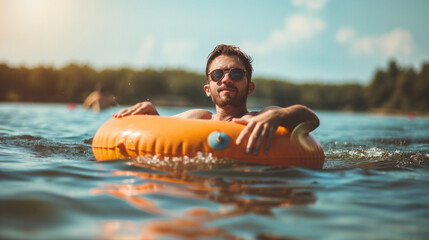 Interesting summer photo of a man with an inflatable ring