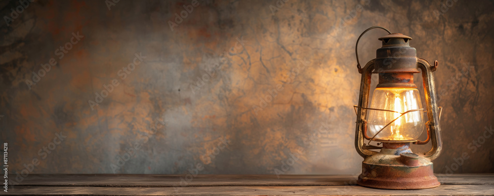 A rustic lantern glows warmly with a worn backdrop, highlighting ...